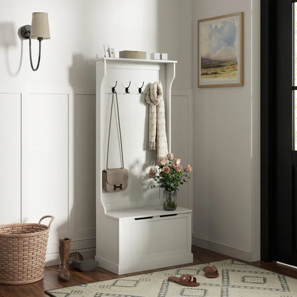 HOMCOM Hall Tree with Coat Rack, Storage, and Sitting Bench, White - product image 2
