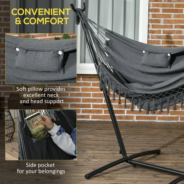Hammock Chair Outdoor with Stand, Swing Hanging Lounge, Dark Gray, Side Pocket Headrest - product image 5