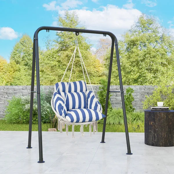 Outsunny Hammock Swing Chair, Macrame Hanging Chair with Large Cushion, Chain, Steel Frame for Indoor Outdoor Use, Blue and White - product image 2