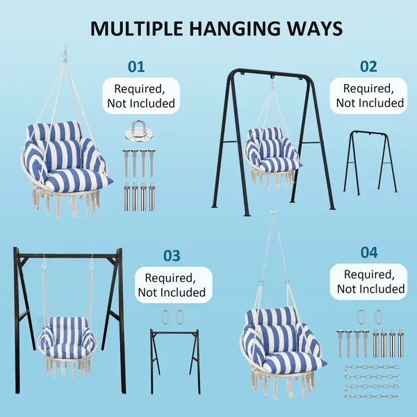 Outsunny Hammock Swing Chair, Macrame Hanging Chair with Large Cushion, Chain, Steel Frame for Indoor Outdoor Use, Blue and White - product image 7