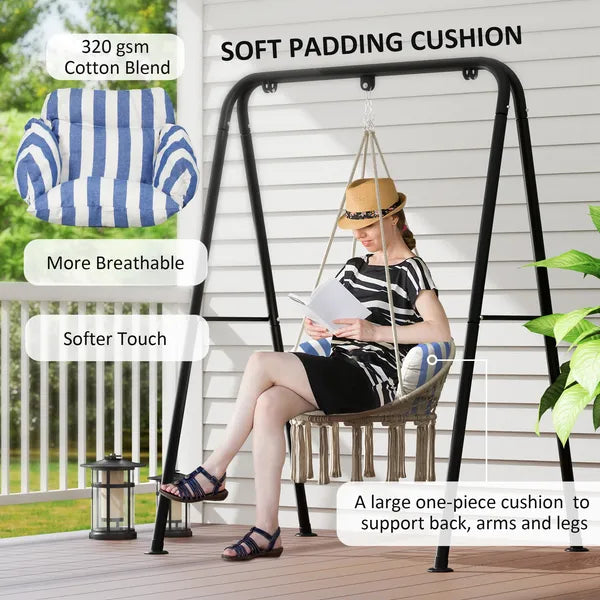 Outsunny Hammock Swing Chair, Macrame Hanging Chair with Large Cushion, Chain, Steel Frame for Indoor Outdoor Use, Blue and White - product image 4