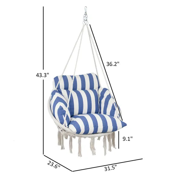 Outsunny Hammock Swing Chair, Macrame Hanging Chair with Large Cushion, Chain, Steel Frame for Indoor Outdoor Use, Blue and White - product image 3