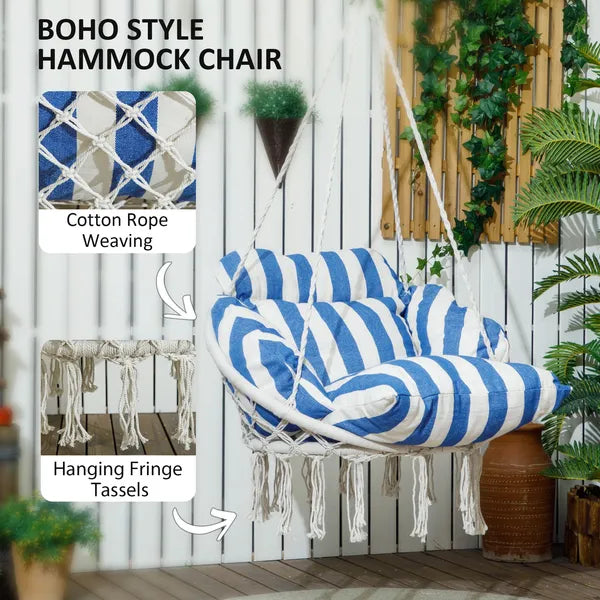 Outsunny Hammock Swing Chair, Macrame Hanging Chair with Large Cushion, Chain, Steel Frame for Indoor Outdoor Use, Blue and White - product image 5