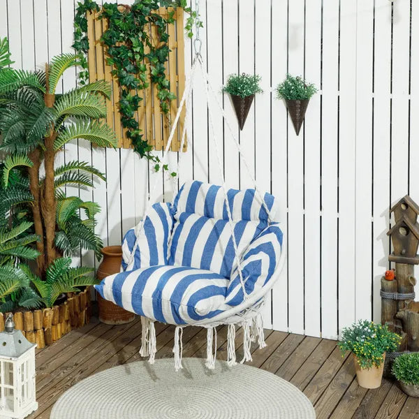 Outsunny Hammock Swing Chair, Macrame Hanging Chair with Large Cushion, Chain, Steel Frame for Indoor Outdoor Use, Blue and White - product image 10