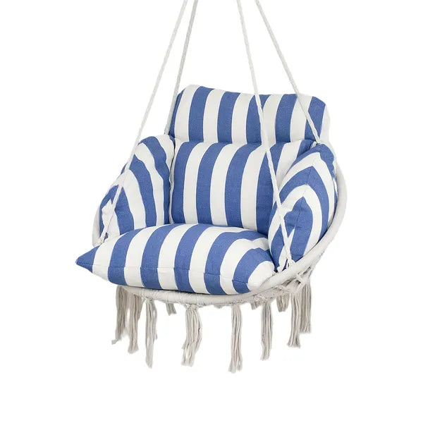 Outsunny Hammock Swing Chair, Macrame Hanging Chair with Large Cushion, Chain, Steel Frame for Indoor Outdoor Use, Blue and White - product image 1