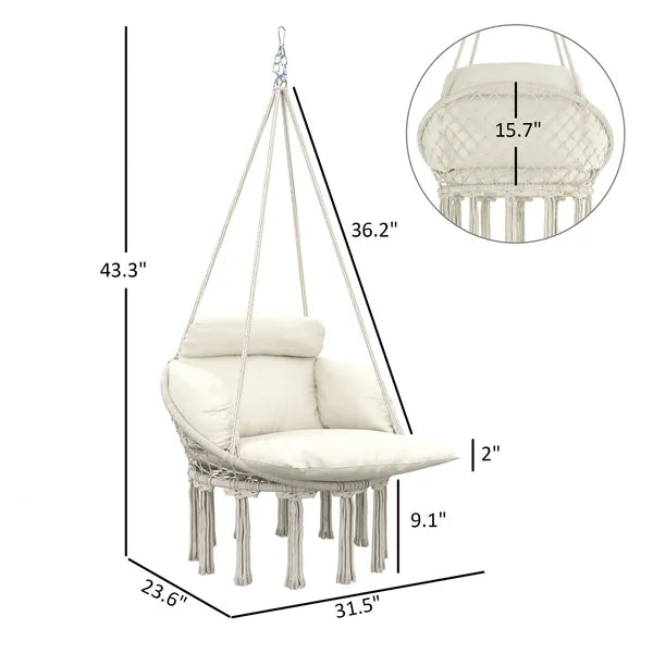 Outsunny Hammock Swing Chair, Macrame Hanging Chair with Large Cushion, Chain, Steel Frame for Indoor Outdoor Use, Cream White - product image 3