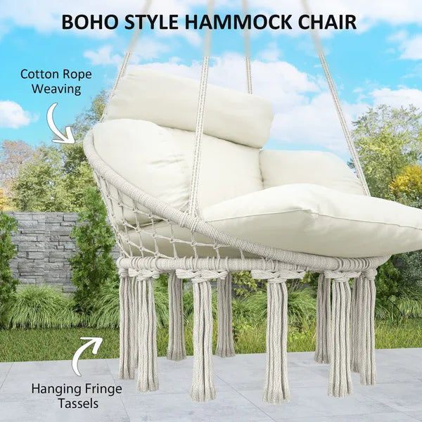 Outsunny Hammock Swing Chair, Macrame Hanging Chair with Large Cushion, Chain, Steel Frame for Indoor Outdoor Use, Cream White - product image 5