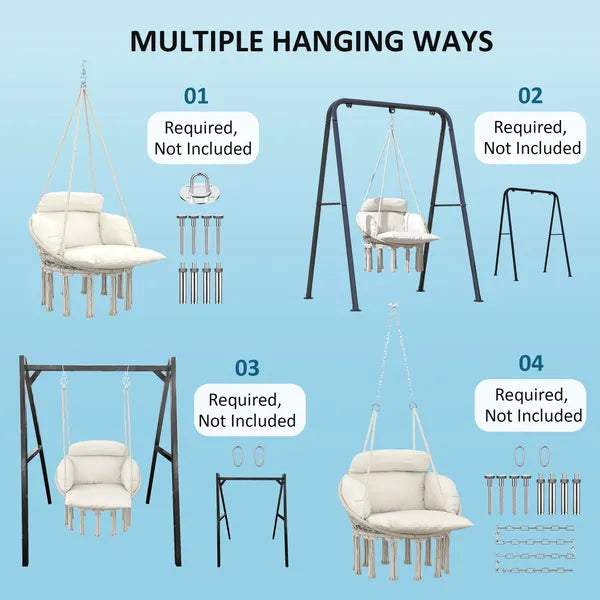 Outsunny Hammock Swing Chair, Macrame Hanging Chair with Large Cushion, Chain, Steel Frame for Indoor Outdoor Use, Cream White - product image 7
