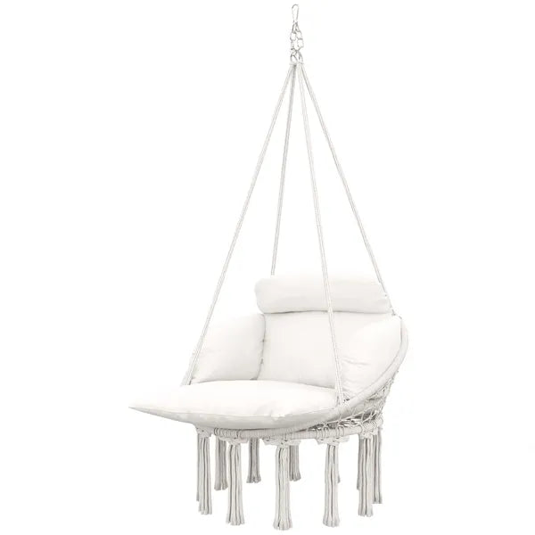 Outsunny Hammock Swing Chair, Macrame Hanging Chair with Large Cushion, Chain, Steel Frame for Indoor Outdoor Use, Cream White - product image 1