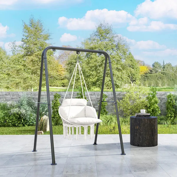 Outsunny Hammock Swing Chair, Macrame Hanging Chair with Large Cushion, Chain, Steel Frame for Indoor Outdoor Use, Cream White - product image 2
