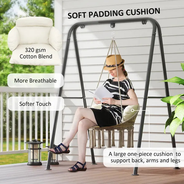 Outsunny Hammock Swing Chair, Macrame Hanging Chair with Large Cushion, Chain, Steel Frame for Indoor Outdoor Use, Cream White - product image 4