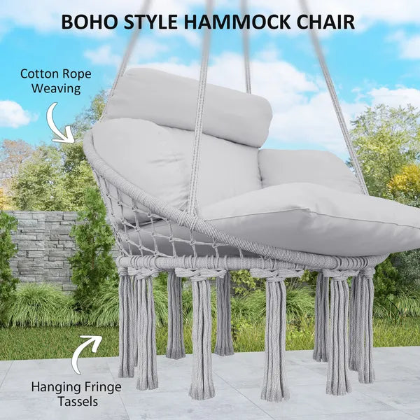 Outsunny Hammock Swing Chair, Macrame Hanging Chair with Large Cushion, Chain, Steel Frame for Indoor Outdoor Use, Gray - product image 5