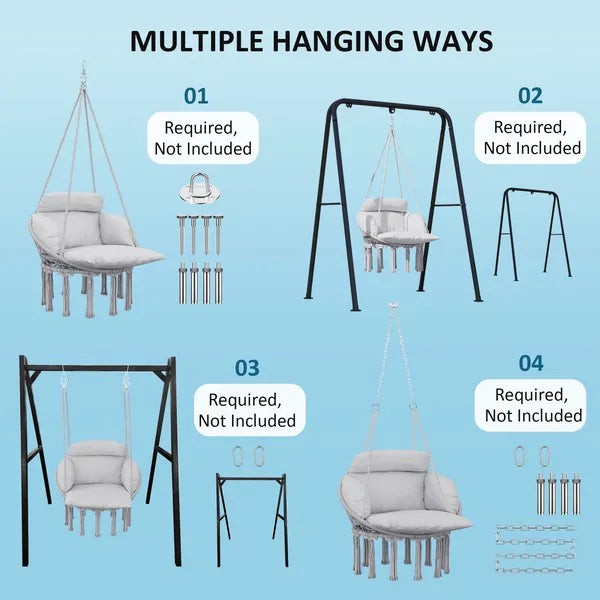 Outsunny Hammock Swing Chair, Macrame Hanging Chair with Large Cushion, Chain, Steel Frame for Indoor Outdoor Use, Gray - product image 7
