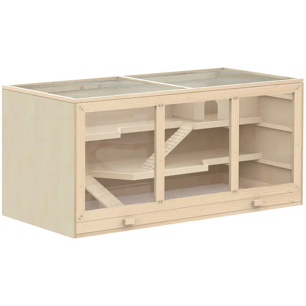 PawHut Hamster Cage 3 Tiers Wooden Big Habitat Mice Rat Exercise Play House Pen Opening Roof Ramps - product image 1