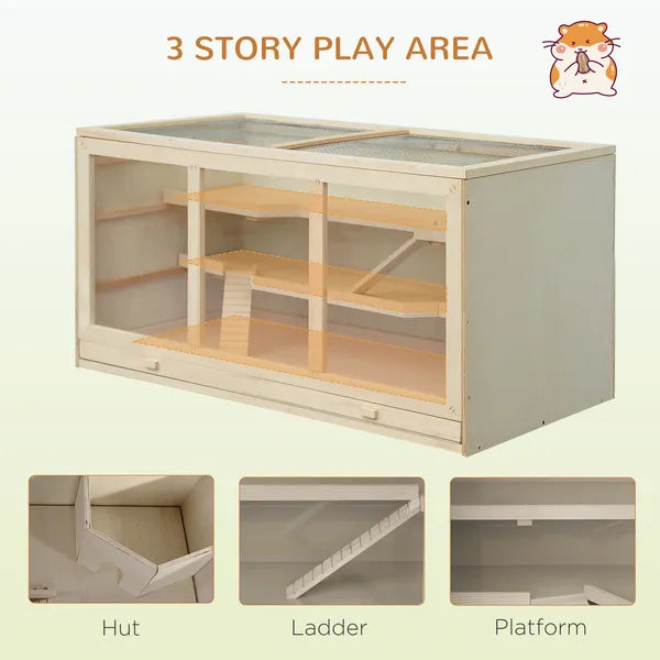 PawHut Hamster Cage 3 Tiers Wooden Big Habitat Mice Rat Exercise Play House Pen Opening Roof Ramps - product image 4