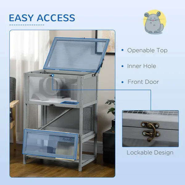 PawHut Hamster Cage Wooden 2-Tier Small Animal Hutch Exercise Playhouse Grey - product image 5