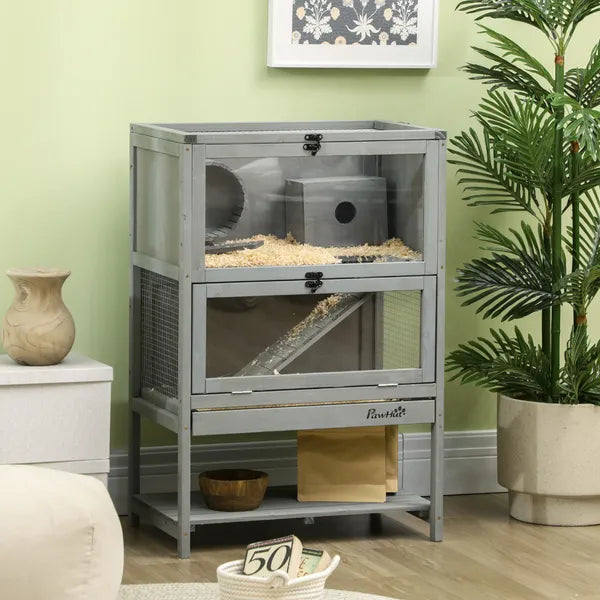 PawHut Hamster Cage Wooden 2-Tier Small Animal Hutch Exercise Playhouse Grey - product image 10