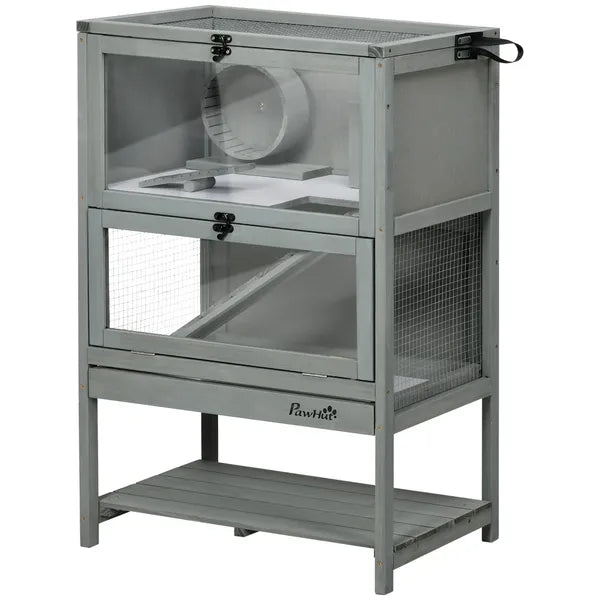 PawHut Hamster Cage Wooden 2-Tier Small Animal Hutch Exercise Playhouse Grey - product image 11