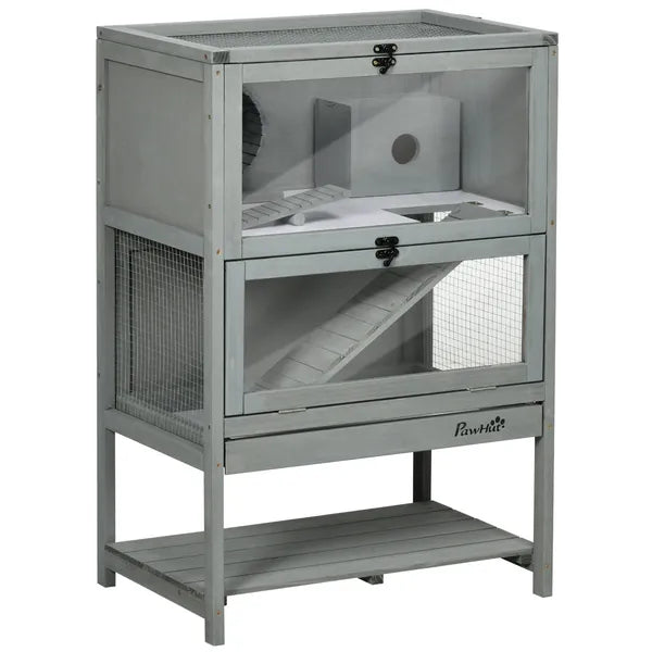 PawHut Hamster Cage Wooden 2-Tier Small Animal Hutch Exercise Playhouse Grey - product image 1