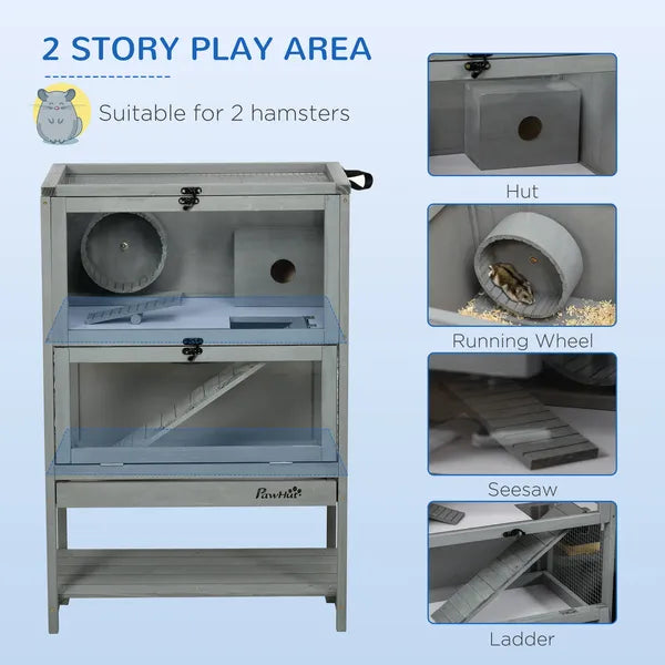 PawHut Hamster Cage Wooden 2-Tier Small Animal Hutch Exercise Playhouse Grey - product image 4