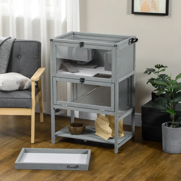 PawHut Hamster Cage Wooden 2-Tier Small Animal Hutch Exercise Playhouse Grey - product image 8