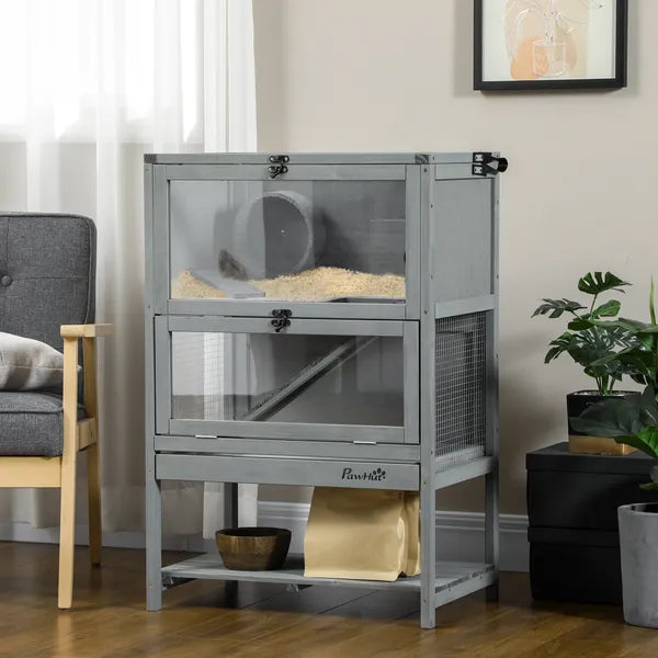 PawHut Hamster Cage Wooden 2-Tier Small Animal Hutch Exercise Playhouse Grey - product image 2