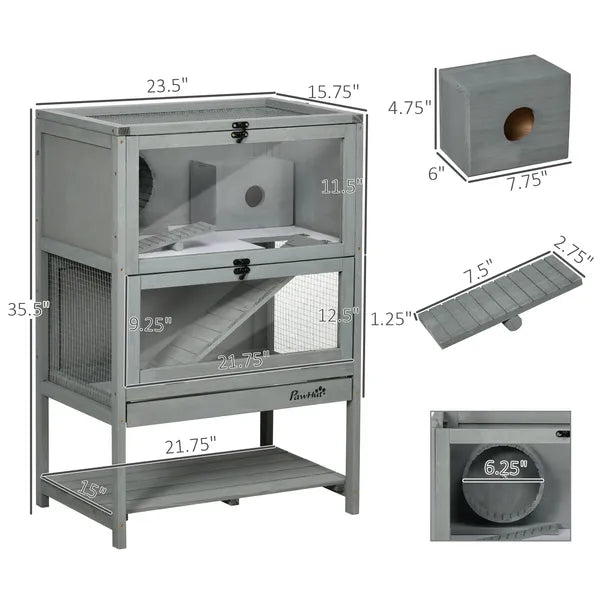 PawHut Hamster Cage Wooden 2-Tier Small Animal Hutch Exercise Playhouse Grey - product image 3