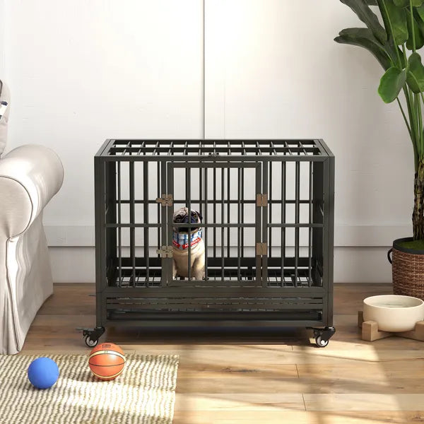 Heavy Duty Dog Cage 36 Metal Kennel with Lockable Wheels Double Door Removable Tray Gray - product image 8