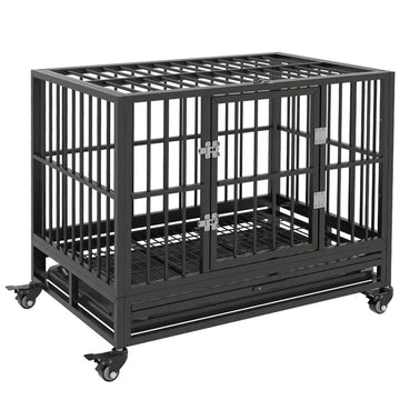 Heavy Duty Dog Cage 36 Metal Kennel with Lockable Wheels Double Door Removable Tray Gray - product image 1