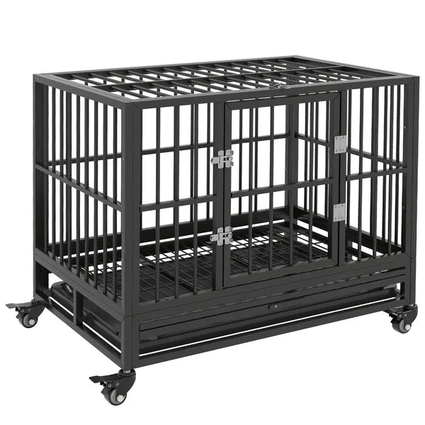 Heavy Duty Dog Cage 36 Metal Kennel with Lockable Wheels Double Door Removable Tray Gray - product image 1