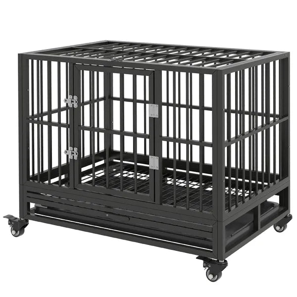 Heavy Duty Dog Cage 36 Metal Kennel with Lockable Wheels Double Door Removable Tray Gray - product image 11