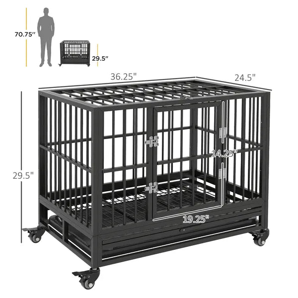 Heavy Duty Dog Cage 36 Metal Kennel with Lockable Wheels Double Door Removable Tray Gray - product image 3
