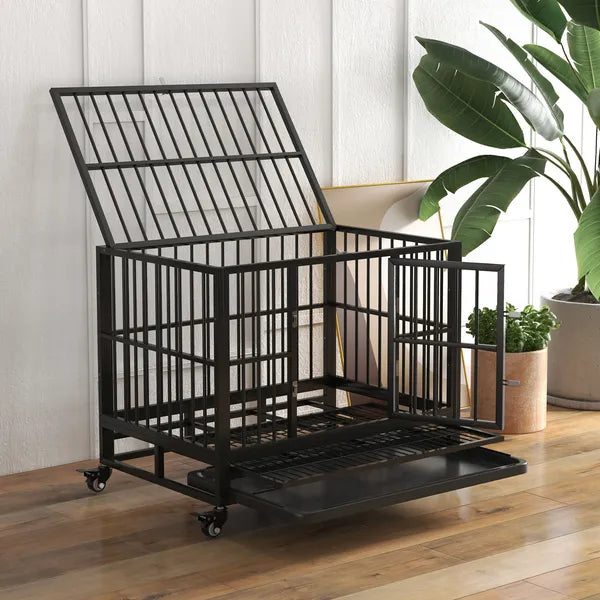 Heavy Duty Dog Cage 36 Metal Kennel with Lockable Wheels Double Door Removable Tray Gray - product image 9