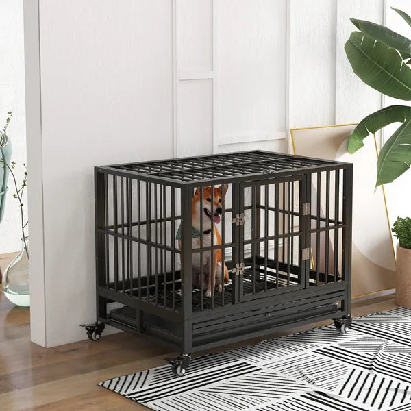 Heavy Duty Dog Cage 36 Metal Kennel with Lockable Wheels Double Door Removable Tray Gray - product image 2