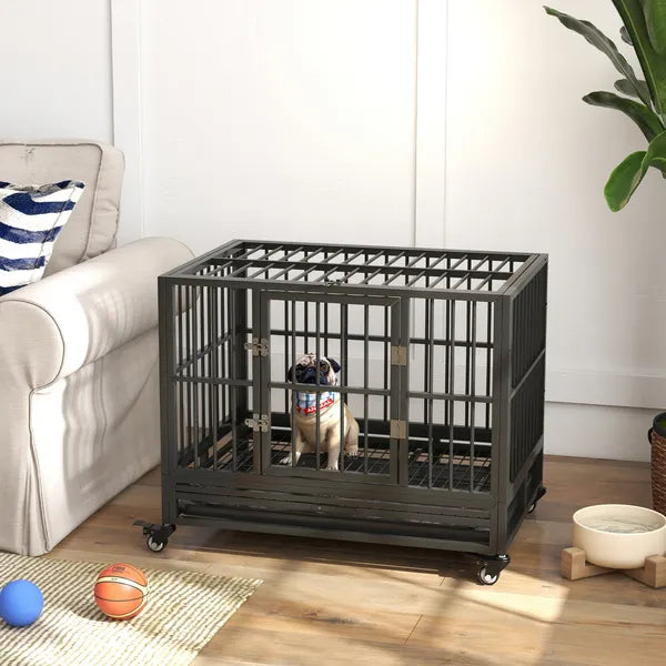 Heavy Duty Dog Cage 36 Metal Kennel with Lockable Wheels Double Door Removable Tray Gray - product image 10