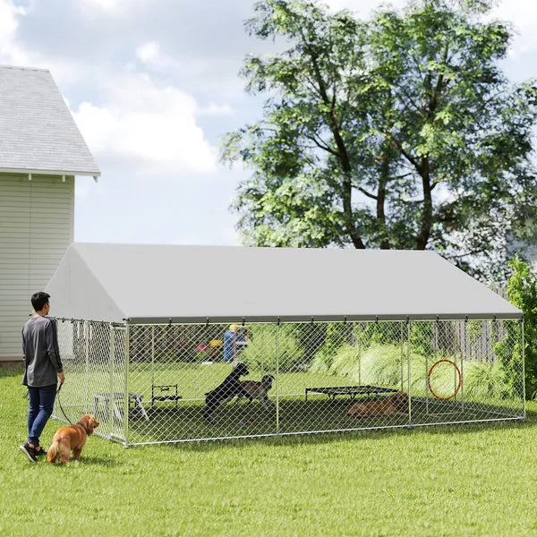 PawHut Heavy Duty Outdoor Dog Kennel with Waterproof Roof, 2 Secure Latches, Chain Link Dog Run for Backyard, 20' x 15' x 8' - product image 2