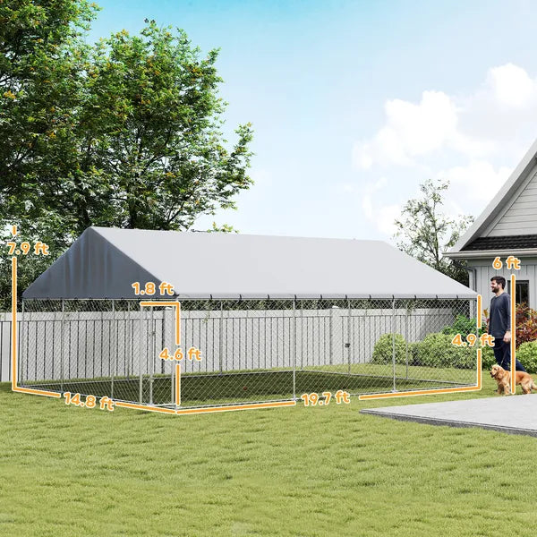 PawHut Heavy Duty Outdoor Dog Kennel with Waterproof Roof, 2 Secure Latches, Chain Link Dog Run for Backyard, 20' x 15' x 8' - product image 3