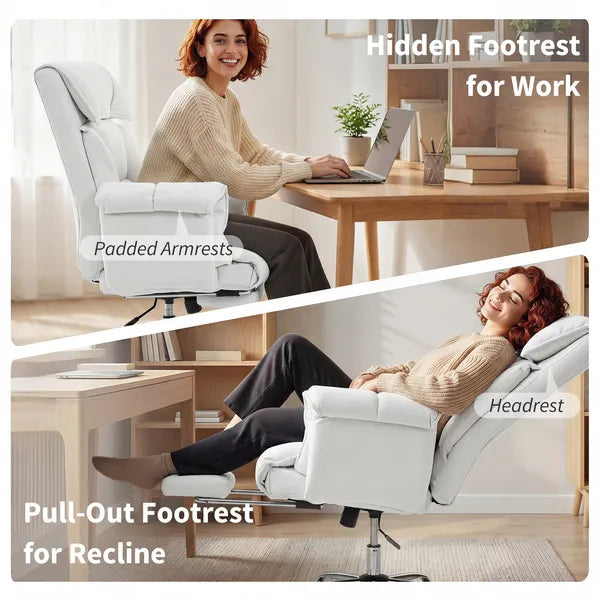 HOMCOM High Back Office Chair, Reclining Desk Chair with Footrest, High Resilience Foam, Rolling Wheels, Cream White - product image 8