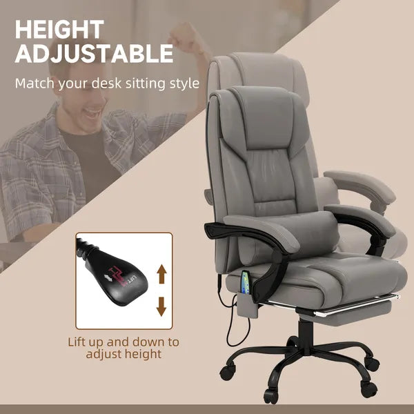 High Back PU Leather Massage Office Chair, 6 Vibration Points, Ergonomic with Footrest, Adjustable Height, Remote, Gray - product image 5