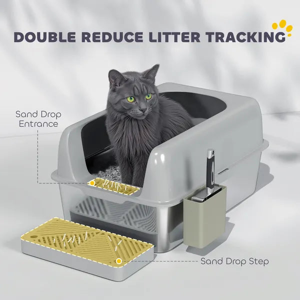 PawHut High Sided Stainless Steel Litter Box with Metal Scoop and Scoop Holder, for Easy Clean and Anti-Urine Leakage, Light Gray - product image 5