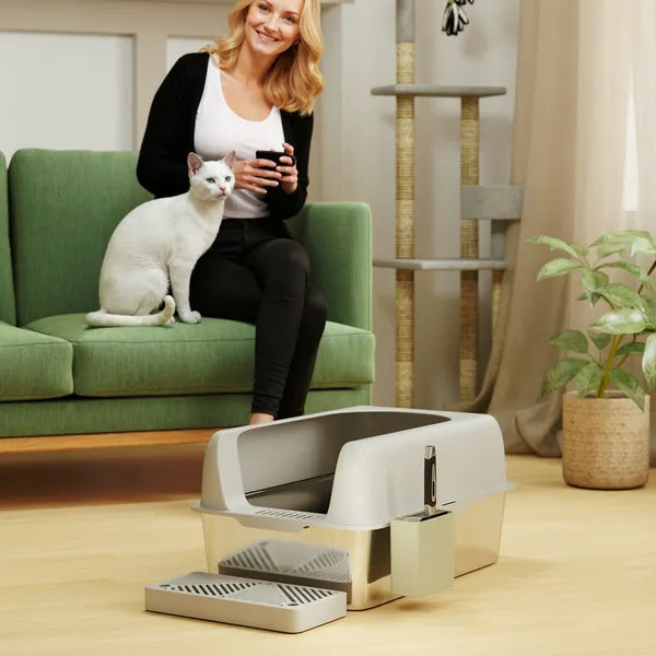 PawHut High Sided Stainless Steel Litter Box with Metal Scoop and Scoop Holder, for Easy Clean and Anti-Urine Leakage, Light Gray - product image 7