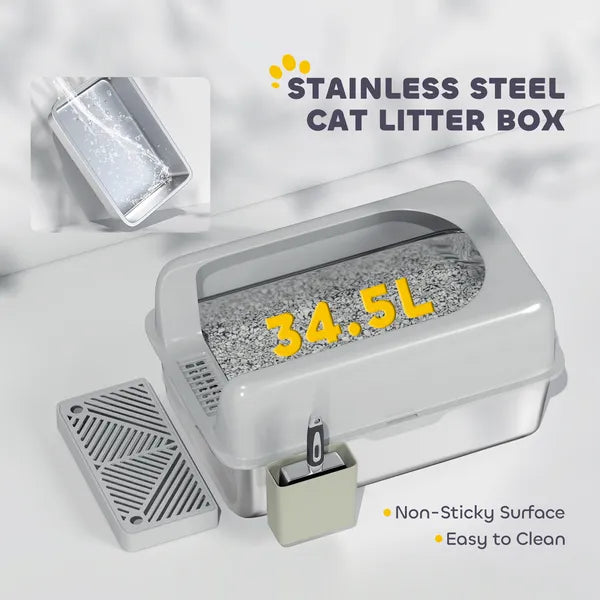 PawHut High Sided Stainless Steel Litter Box with Metal Scoop and Scoop Holder, for Easy Clean and Anti-Urine Leakage, Light Gray - product image 4