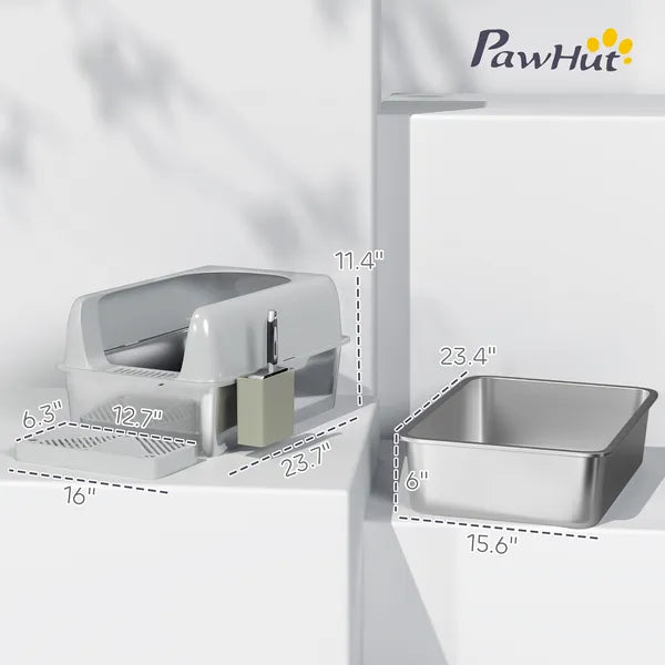PawHut High Sided Stainless Steel Litter Box with Metal Scoop and Scoop Holder, for Easy Clean and Anti-Urine Leakage, Light Gray - product image 2