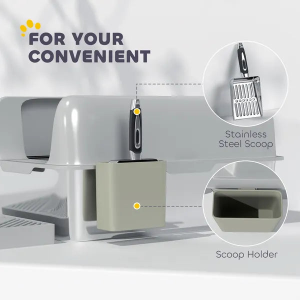 PawHut High Sided Stainless Steel Litter Box with Metal Scoop and Scoop Holder, for Easy Clean and Anti-Urine Leakage, Light Gray - product image 6