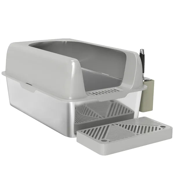 PawHut High Sided Stainless Steel Litter Box with Metal Scoop and Scoop Holder, for Easy Clean and Anti-Urine Leakage, Light Gray - product image 1