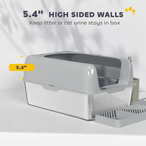 PawHut High Sided Stainless Steel Litter Box with Metal Scoop and Scoop Holder, for Easy Clean and Anti-Urine Leakage, Light Gray - product image 3