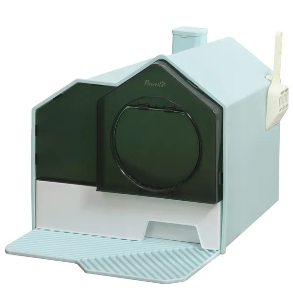 PawHut Hooded Cat Litter Box with Mat, Particle Catching, Easy Clean, Light Blue - product image 1