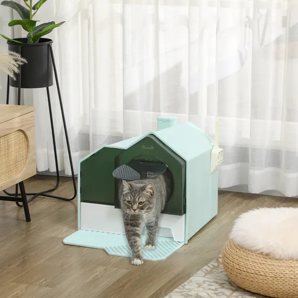 PawHut Hooded Cat Litter Box with Mat, Particle Catching, Easy Clean, Light Blue - product image 10