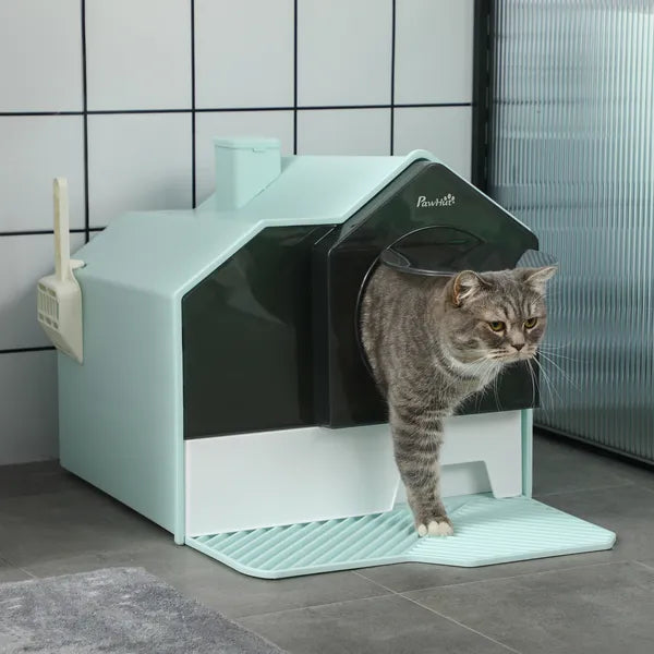 PawHut Hooded Cat Litter Box with Mat, Particle Catching, Easy Clean, Light Blue - product image 2