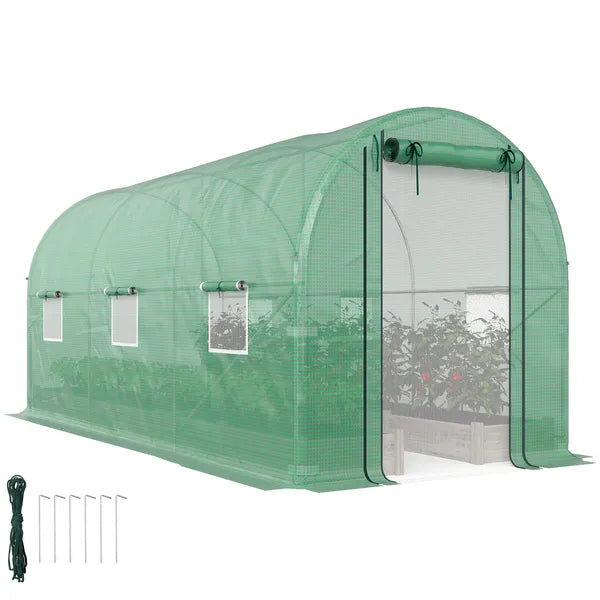Outsunny Hoop House Greenhouse, Walk-in Tunnel Greenhouse with 2 Support Rods, Zippered Roll-up Mesh Door, 14.6'x6.5'x6.6', Green - product image 11